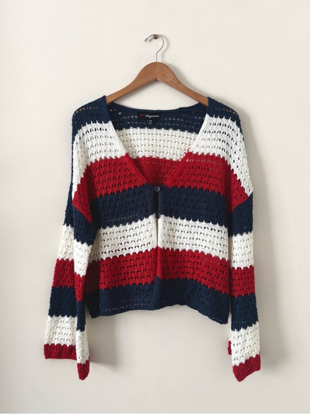 33 Degrees Red White Navy Crochet Knit Cardigan Americana Stripe - Size XXL
